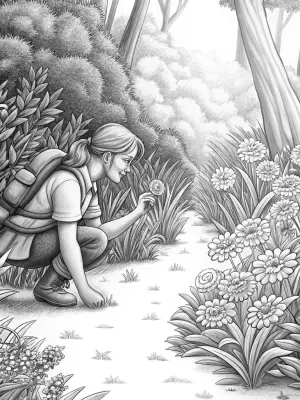 Flamingo botanist exploring a forest coloring pages