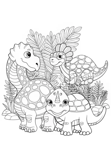 A coloring page of Squishmallow dinosaur and friends