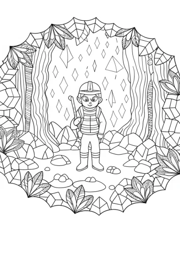 A coloring page of Blippi’s adventure in a crystal cave
