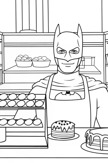 A coloring page of Batman baking in a bakery