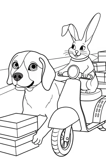 A coloring page of Dog and rabbit delivering pizzas