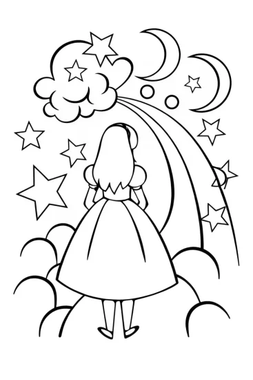 A coloring page of Alice in a celestial garden