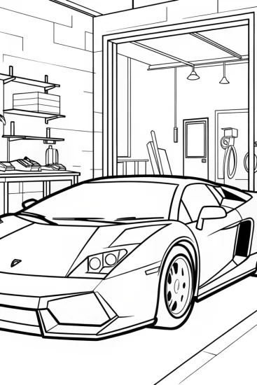 A coloring page of Lamborghini in a mechanic’s workshop