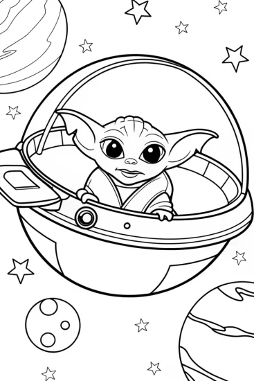 A coloring page of Baby Yoda’s space adventure