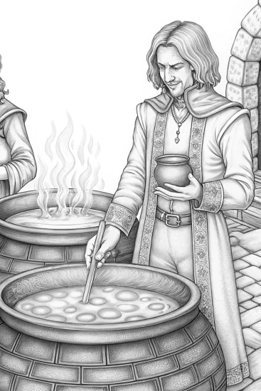 A coloring page of Venom mixing magical potions
