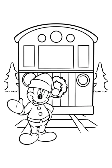 A coloring page of Mickey Mouse at Christmas Train Station