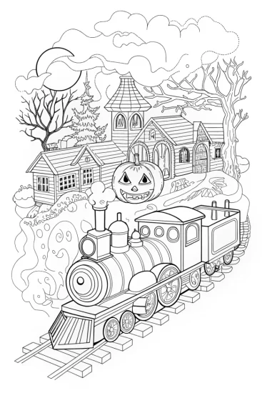 A coloring page of Halloween time-traveling train adventure