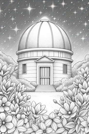 A coloring page of Flower observatory at midnight