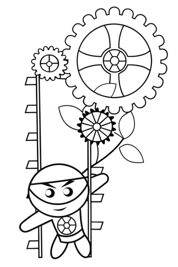 A coloring page of Ninja in the clockwork garden