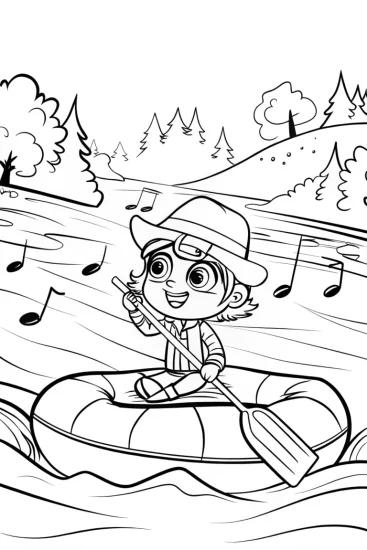 A coloring page of JJ’s musical raft adventure