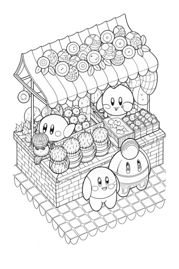 A coloring page of Kirby trading at a swap meet