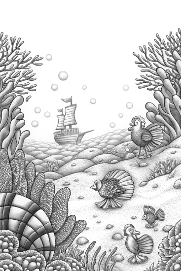 A coloring page of Thanksgiving underwater adventure