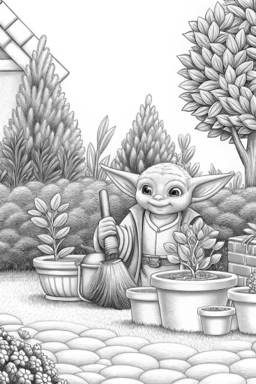 A coloring page of Baby Yoda’s gardening contest