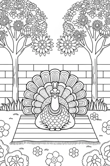 A coloring page of Turkey meditating in a garden