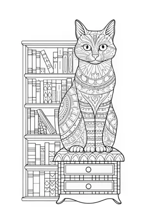 Whiskers the Cat in a library coloring pages