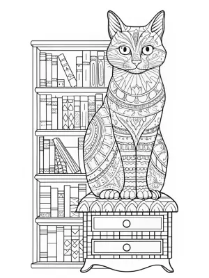 Whiskers the Cat in a library coloring pages