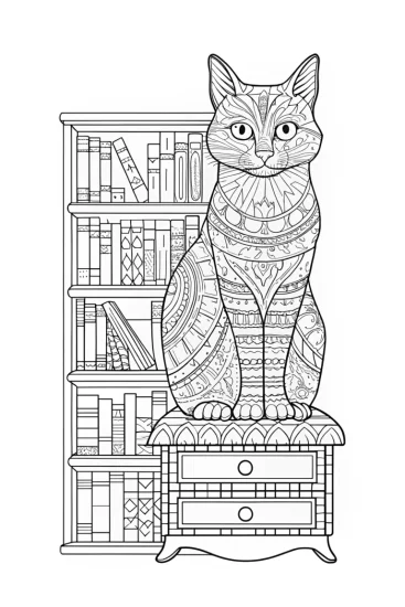 A coloring page of Whiskers the Cat in a library