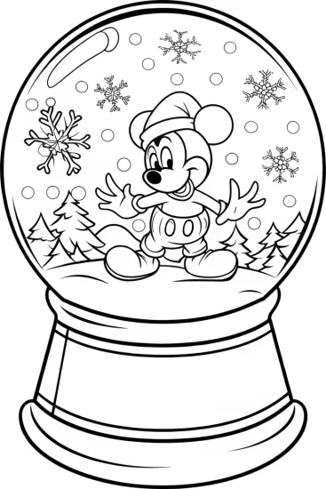 A coloring page of Mickey Mouse inside a snow globe