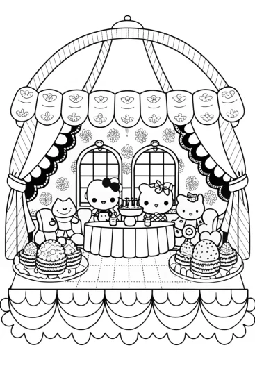 A coloring page of Hello Kitty tea room fun