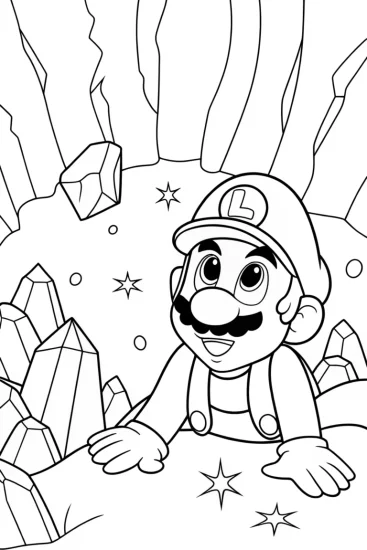 A coloring page of Luigi exploring a crystal cave