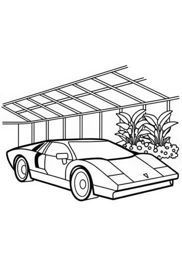 A coloring page of Lamborghini in a botanical lab