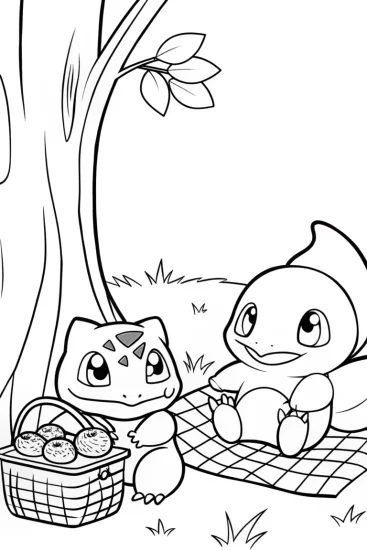 A coloring page of Bulbasaur and Psyduck picnic