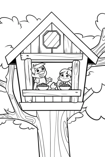 A coloring page of Champions feast in a treehouse