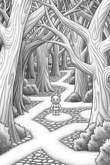A coloring page of Huggy Wuggy in a puzzle forest