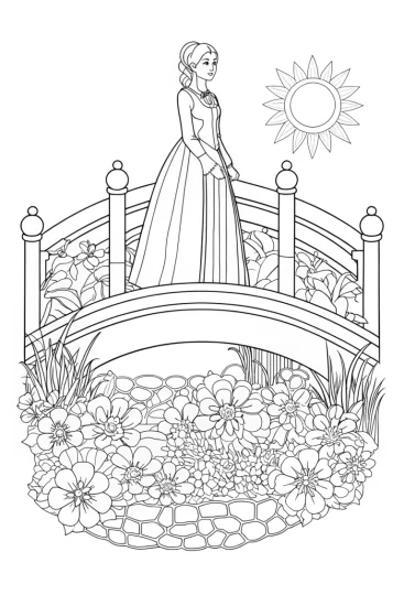 A coloring page of Princess on a glowing bridge