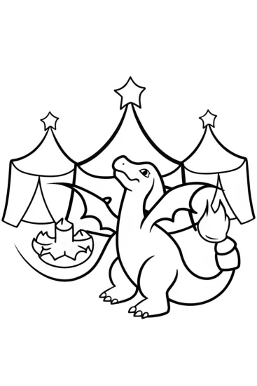 A coloring page of Charizard at the circus