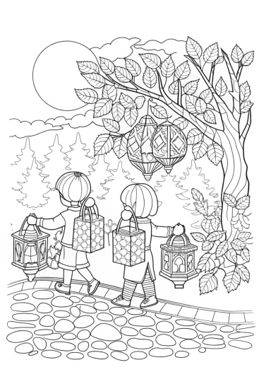 A coloring page of Children’s autumn lantern parade