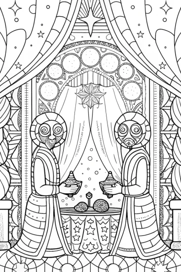 A coloring page of Rainbow Friends cosmic tea ceremony
