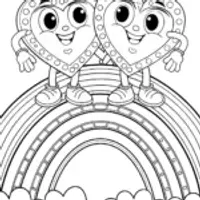 Heart-shaped characters on a rainbow bridge