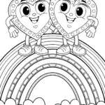 Heart-shaped characters on a rainbow bridge