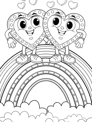 Heart-shaped characters on a rainbow bridge coloring pages