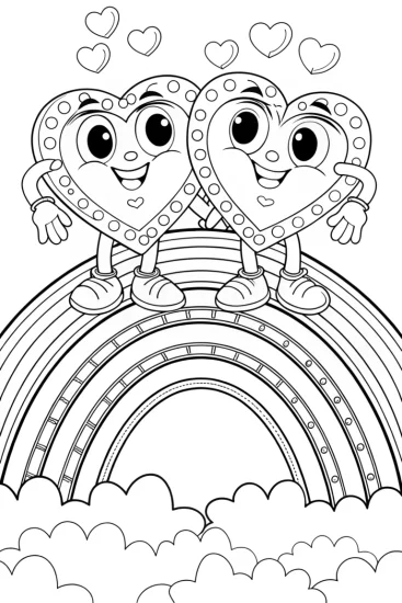 A coloring page of Heart-shaped characters on a rainbow bridge