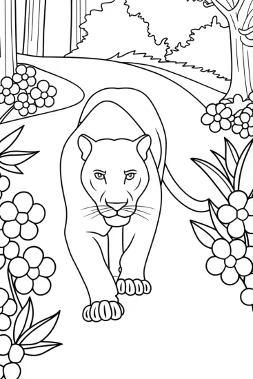 A coloring page of Black Panther in a secret garden