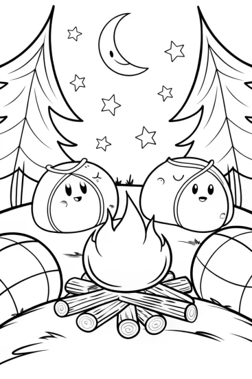 A coloring page of Squishmallow campfire gathering