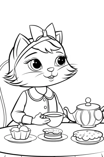 A coloring page of Whiskers the Cat’s tea party