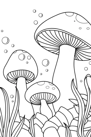 A coloring page of Mushrooms in a magical underwater garden