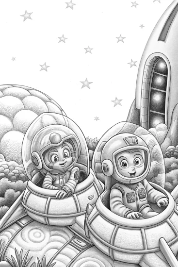 A coloring page of Bluey and Bingo’s space safari