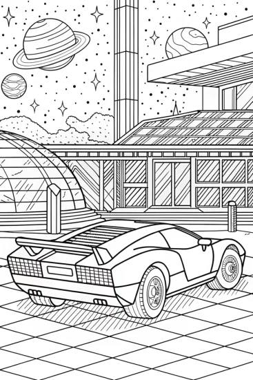 A coloring page of Lamborghini at the intergalactic station