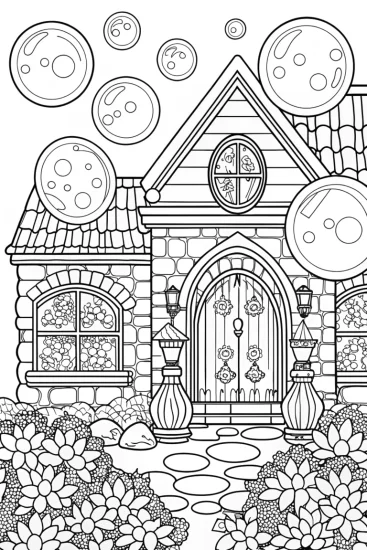 A coloring page of Whimsical Bubble Adventure in a Cozy Garden
