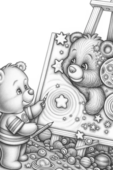 A coloring page of Care Bears cosmic art jam