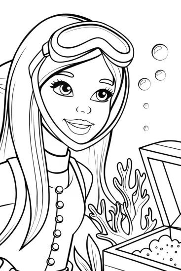 A coloring page of Barbie underwater treasure hunt