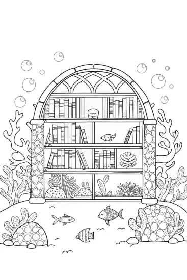 A coloring page of Underwater library with sea creatures