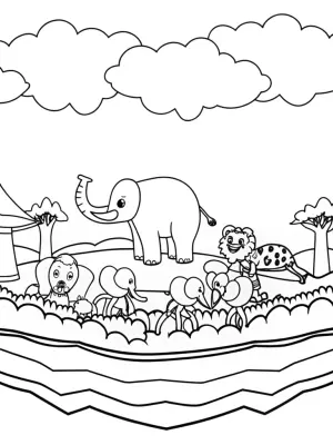 Animal parade on a floating island coloring pages