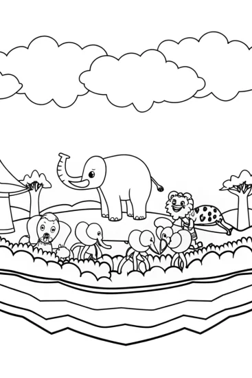 A coloring page of Animal parade on a floating island