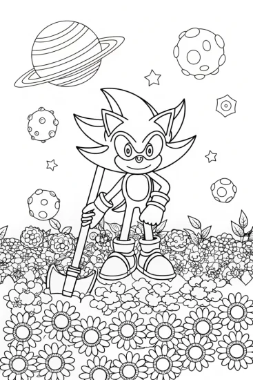 A coloring page of Super Sonic gardening in space