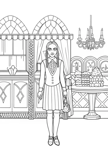 A coloring page of Wednesday Addams in an ice cream parlor